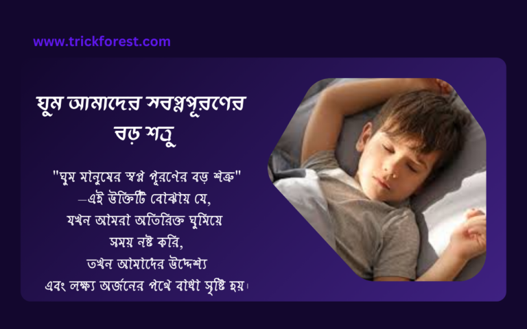 "ঘুম যদি আমাদের লক্ষ্য অর্জনে বাধা হয়ে দাঁড়ায়, তবে সেটা এক ধরনের নিষ্ক্রিয়তা। স্বপ্ন বাস্তবায়নের জন্য সময়, পরিশ্রম এবং একাগ্রতার প্রয়োজন। যতক্ষণ না আমরা ঘুম থেকে উঠি এবং কাজ শুরু করি, ততক্ষণ পর্যন্ত আমাদের স্বপ্ন শুধু স্বপ্নই থেকে যায়। সুতরাং, ঘুম তাড়িয়ে, পরিশ্রমের পথে এগিয়ে চলাই হল সফলতার মূল চাবিকাঠি।"
